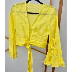 Malvi Castaneda 100% Linen Tie Waist Top (Sz S) Yellow Flare Long Sleeve Blouse
